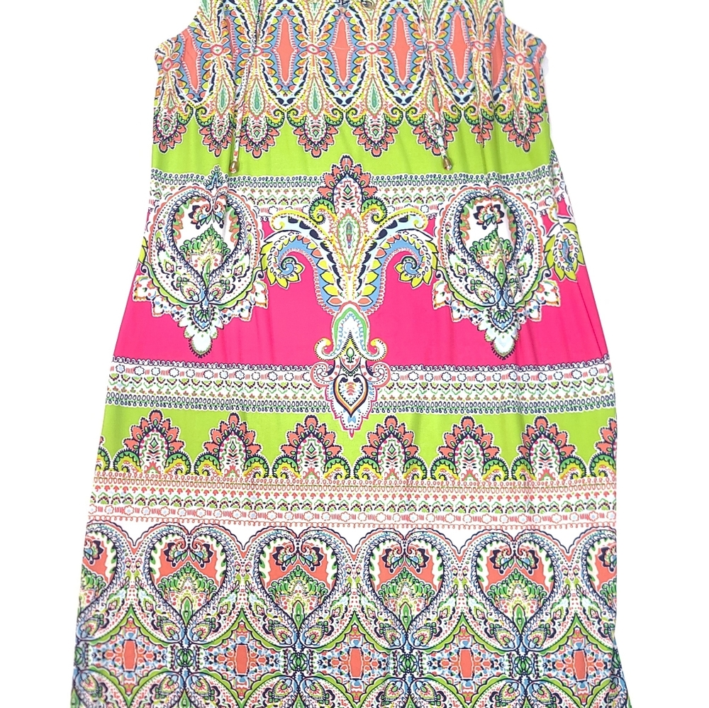 Ivy Lane Silky Sleeveless Knee Length Pink Lime Green Dress M